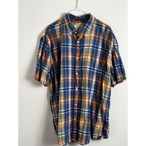 St. John's Bay Mens Button-Up Shirt XL Classic Fit Plaid Orange Blue 100% Cotton